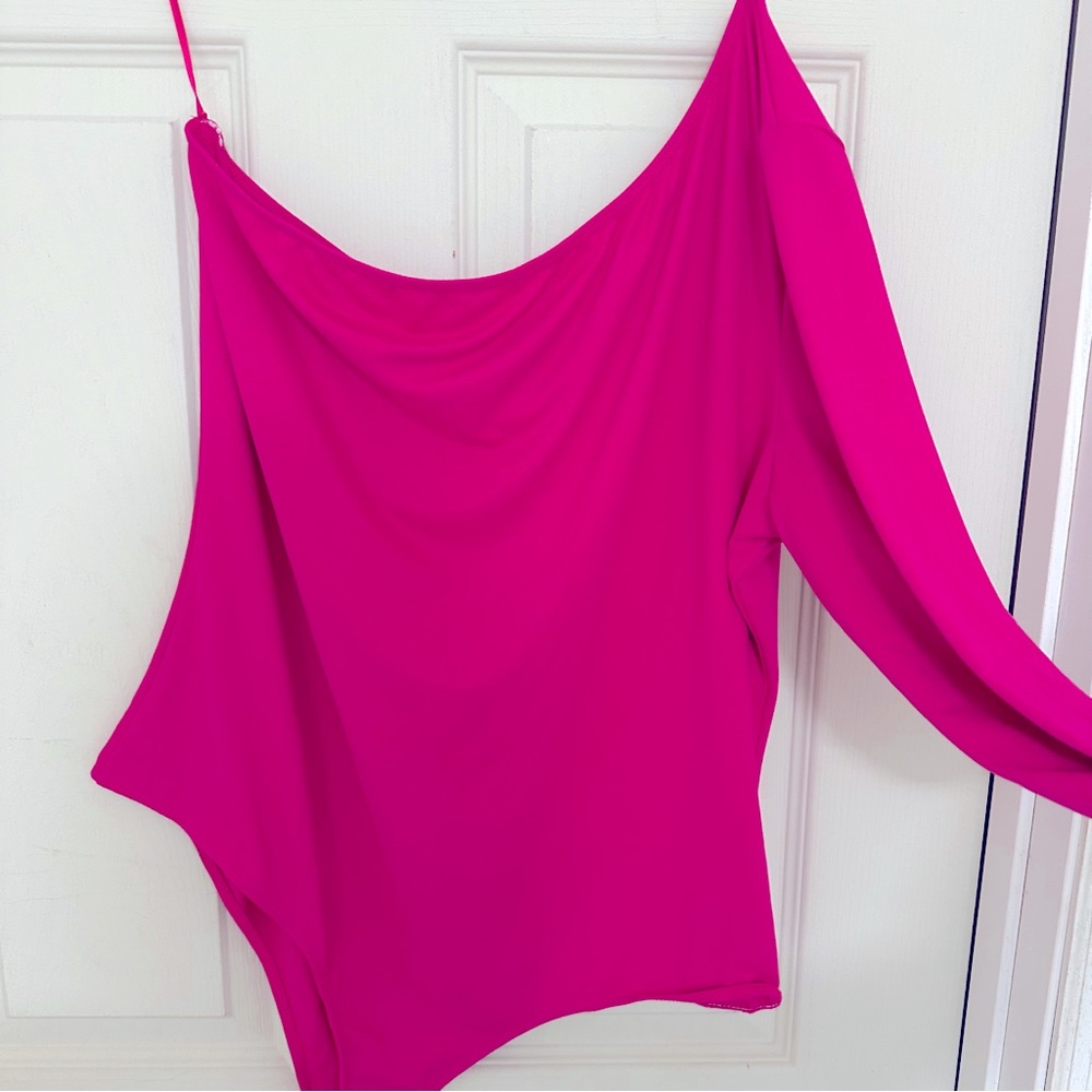 Good Luck Gem Long Sleeve One Shoulder Bodysuit, Ultra Fuschia, Size XL